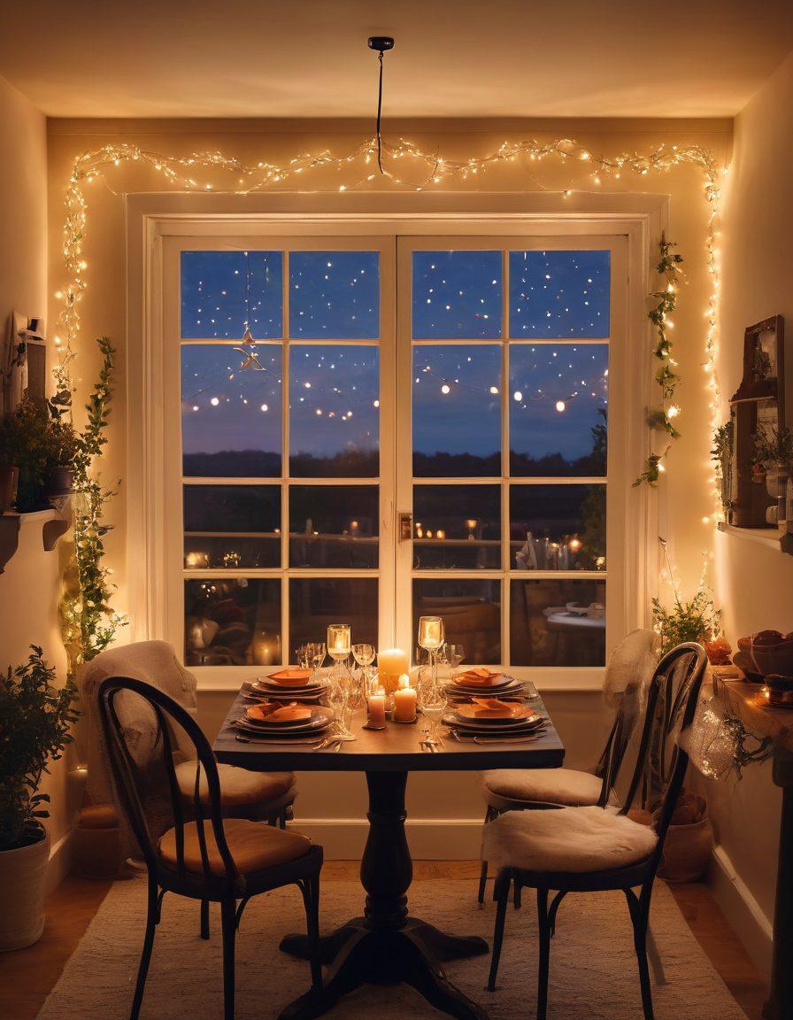 A cozy date night setup featuring a romantic candlelit dinner table adorned with fresh flowers and twinkling fairy lights, set in a softly glowing living room. Include a loving couple enjoying a meal together, surrounded by warm colors and subtle heart-shaped decorations. A window with a starry night sky visible adds to the enchanting atmosphere. super-realistic. warm colors. cozy ambiance.
