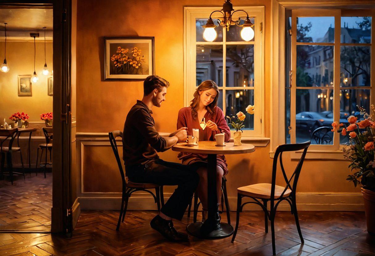 A romantic scene depicting a couple in a cozy café, exchanging looks filled with flirtation and affection, surrounded by soft candlelight and blooming flowers. The background features subtle touches of iconic romantic symbols like hearts or intertwined hands, conveying the journey from playful flirting to deep devotion. The atmosphere should evoke warmth, connection, and intimacy. soft focus. warm colors. oil painting.