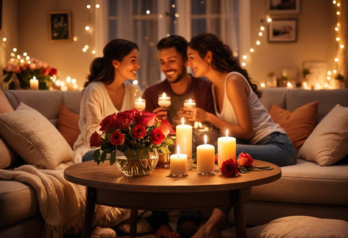 A couple lighting candles together in a cozy living room filled with soft cushions, warm colors, and romantic decorations. Their smiles radiate love and connection, while the ambiance is enhanced by twinkling fairy lights in the background. A small table with a bouquet of roses and a glass of wine in the foreground symbolizes the beauty of romance. super-realistic. warm colors. soft focus.